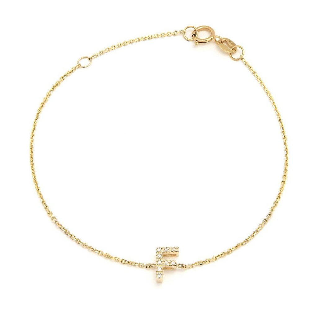 14K Real Yellow Gold  Initial ”F” Single Prong Diamond Bracelet 7+1″